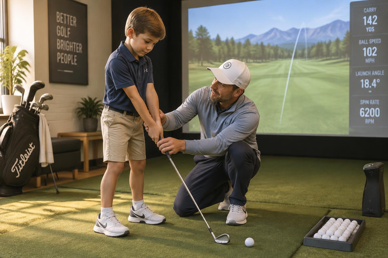 Placeholder image: a coach leading a junior golf clinic in a simulator bay